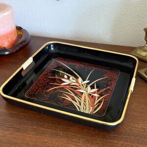 Vintage 1970s Japanese Tray with Gold and Red Floral Design